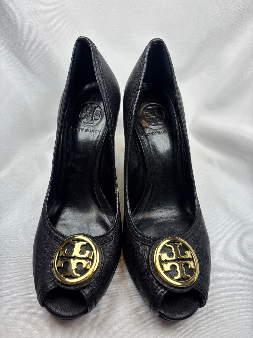 Tory Burch Black Leather Peep-Toe Wedges with Gold Logo Medallion